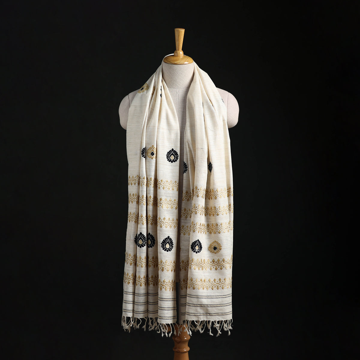 White - Handspun Handwoven Pure Eri Silk Aari Hand Embroidered Shawl of Assam 04