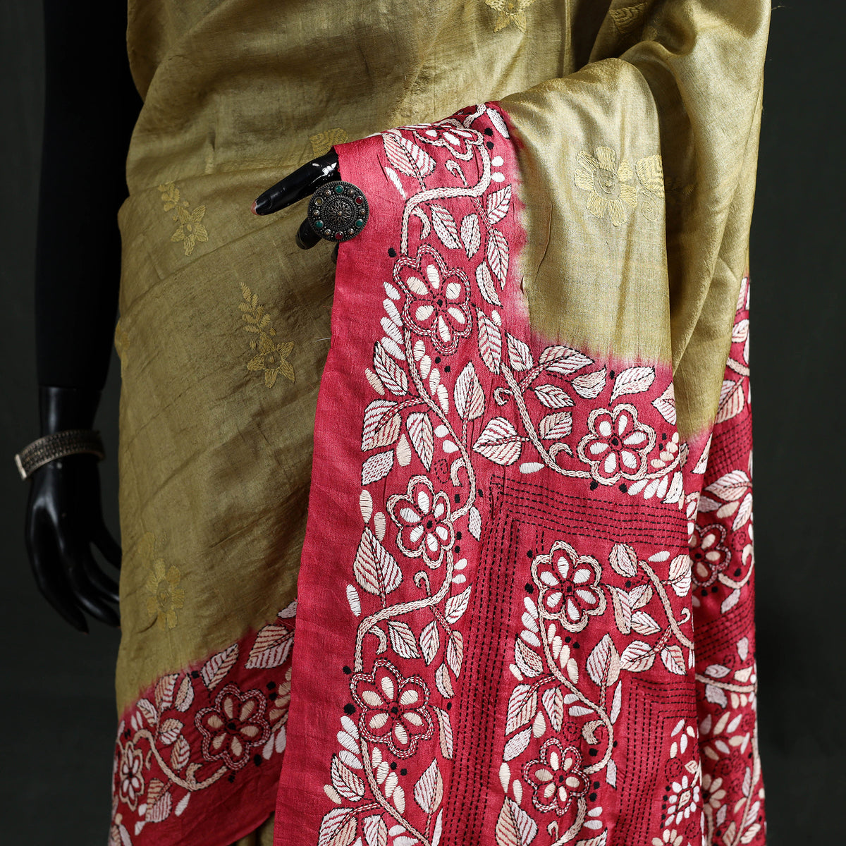 Pure Tussar Silk Handloom Bengal Full Kantha Hand Embroidered Saree 06