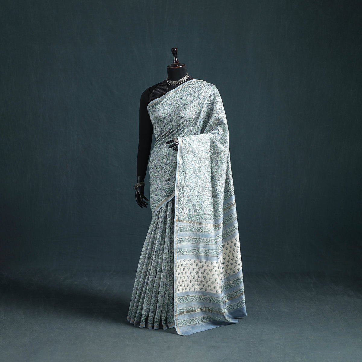 Floral Hand Block Print Mulberry Silk Sanganeri Saree 07