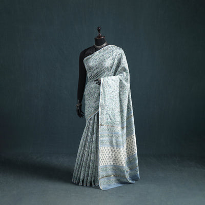 Floral Hand Block Print Mulberry Silk Sanganeri Saree 07
