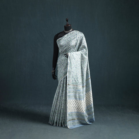 Floral Hand Block Print Mulberry Silk Sanganeri Saree 07