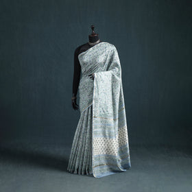 Floral Hand Block Print Mulberry Silk Sanganeri Saree 07