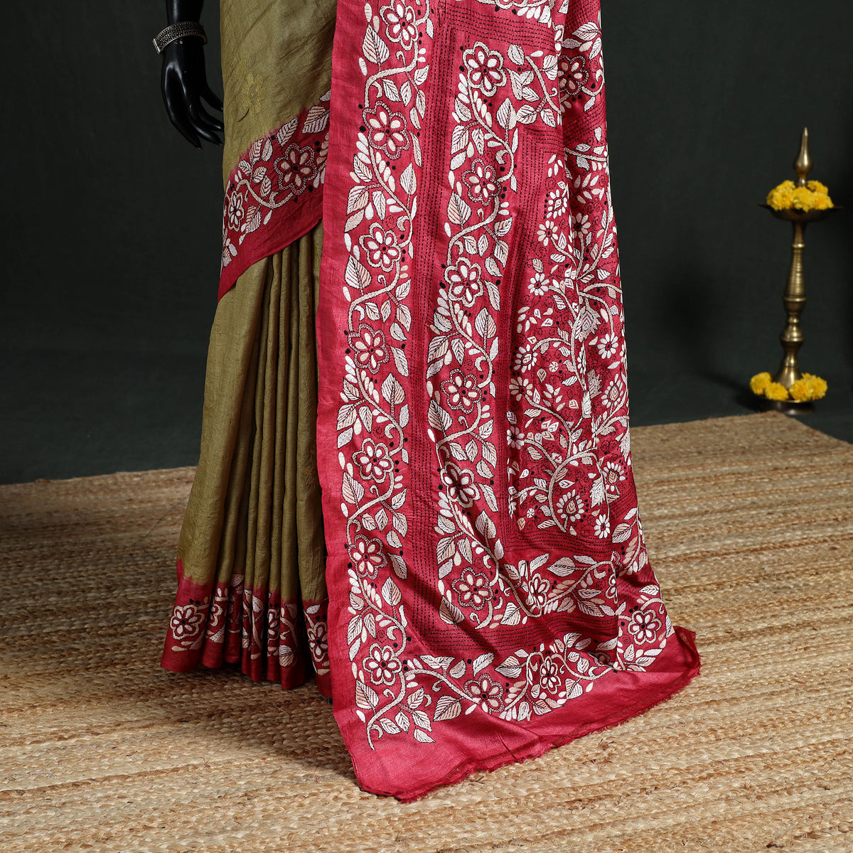 Pure Tussar Silk Handloom Bengal Full Kantha Hand Embroidered Saree 06