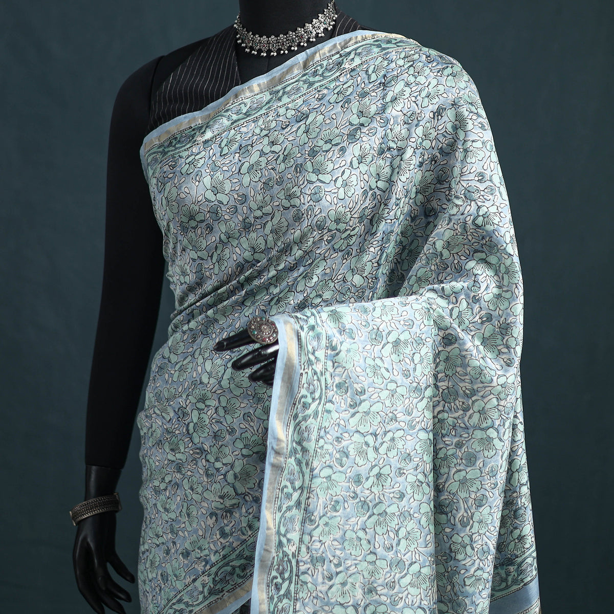 Floral Hand Block Print Mulberry Silk Sanganeri Saree 07