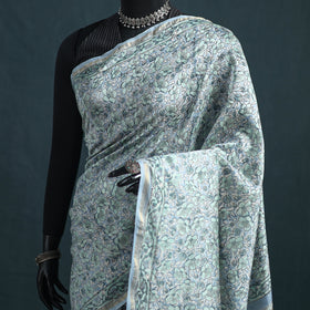 Floral Hand Block Print Mulberry Silk Sanganeri Saree 07