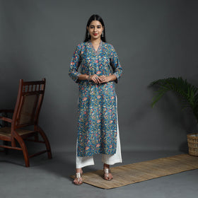 Buy Blue Sequins Work Cotton Straight Sanganeri Print Kurta