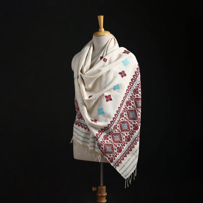 White - Handspun Handwoven Pure Eri Silk Aari Hand Embroidered Shawl of Assam 05