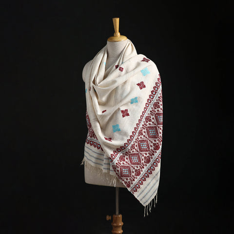 White - Handspun Handwoven Pure Eri Silk Aari Hand Embroidered Shawl of Assam 05
