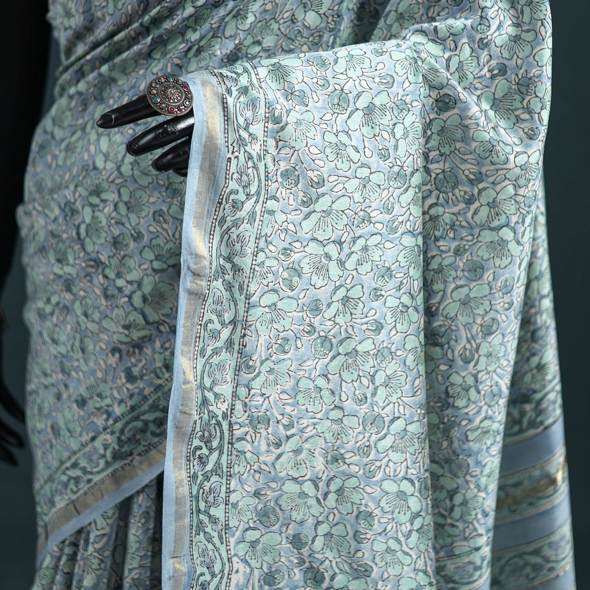 Floral Hand Block Print Mulberry Silk Sanganeri Saree 07