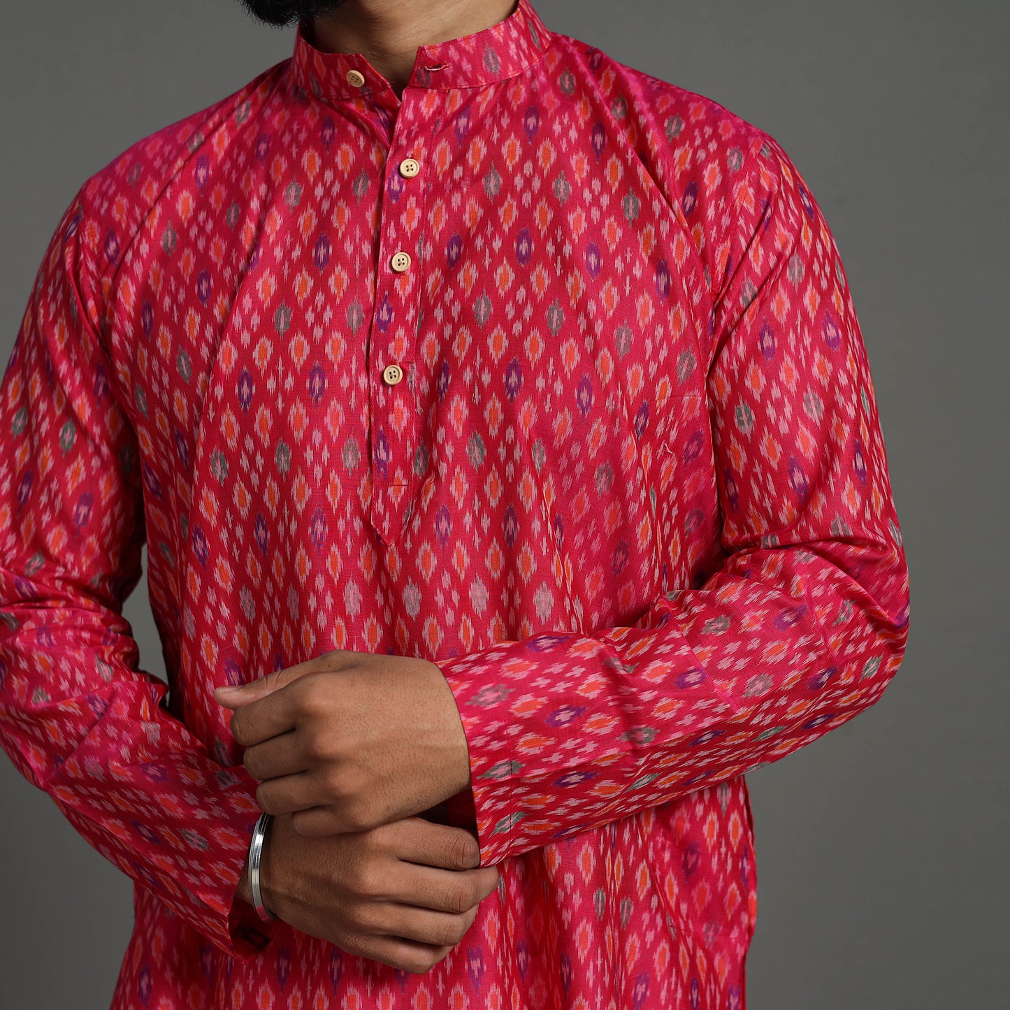 Pink - Silk Cotton Handwoven Pochampally Ikat Kurta for Men 02