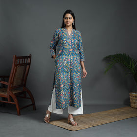 Buy Blue Sequins Work Cotton Straight Sanganeri Print Kurta