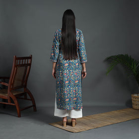 Buy Blue Sequins Work Cotton Straight Sanganeri Print Kurta