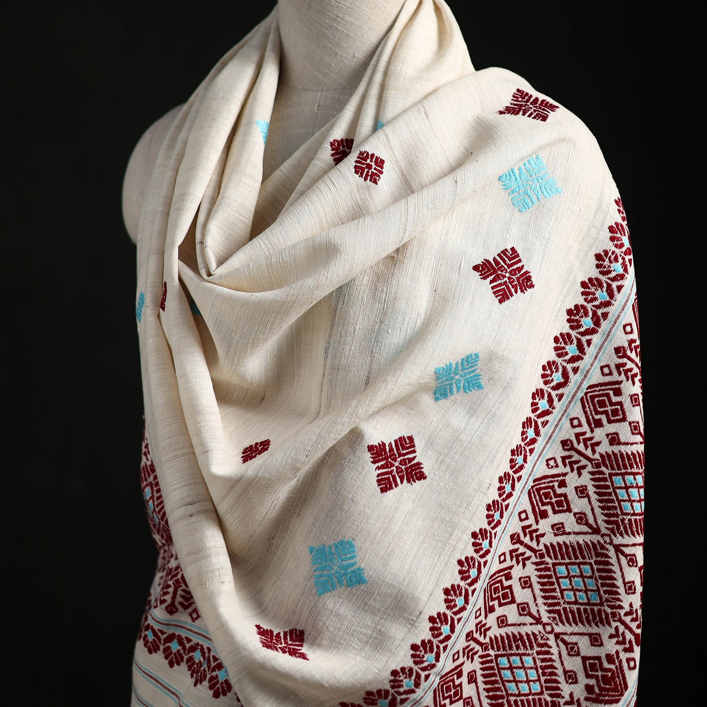 White - Handspun Handwoven Pure Eri Silk Aari Hand Embroidered Shawl of Assam 05