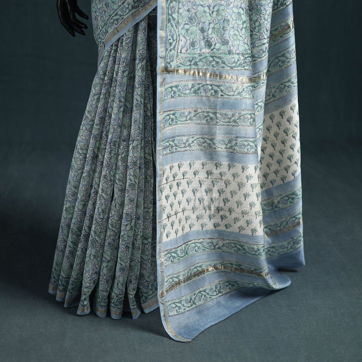 Floral Hand Block Print Mulberry Silk Sanganeri Saree 07