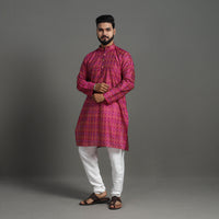 Pink - Silk Cotton Handwoven Pochampally Ikat Kurta for Men 01