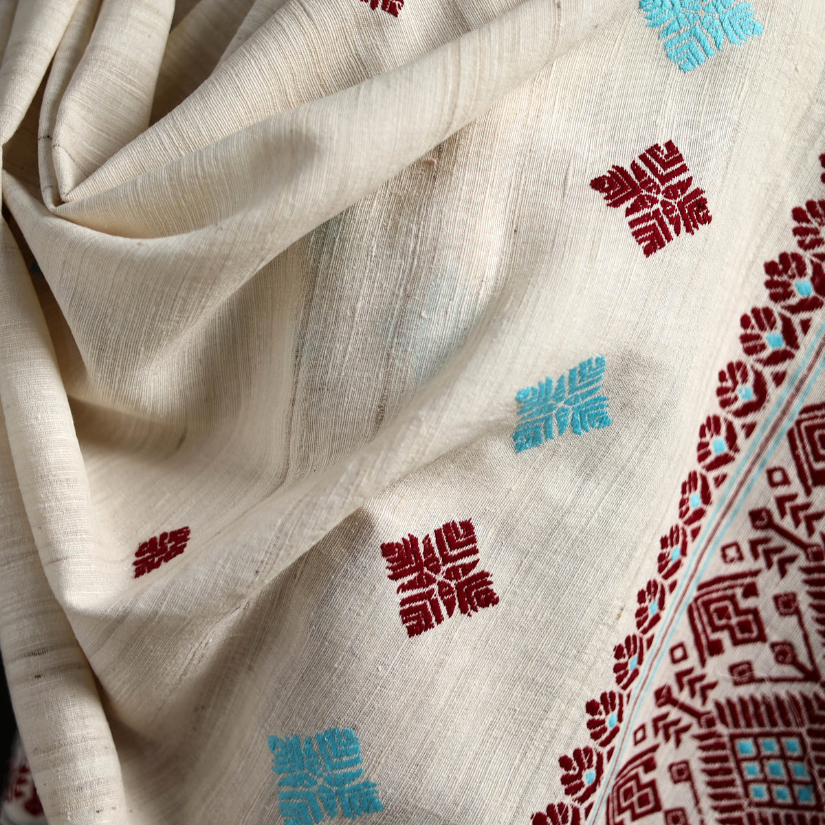 White - Handspun Handwoven Pure Eri Silk Aari Hand Embroidered Shawl of Assam 05