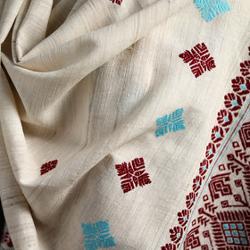 White - Handspun Handwoven Pure Eri Silk Aari Hand Embroidered Shawl of Assam 05