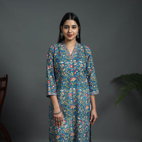 Buy Blue Sequins Work Cotton Straight Sanganeri Print Kurta