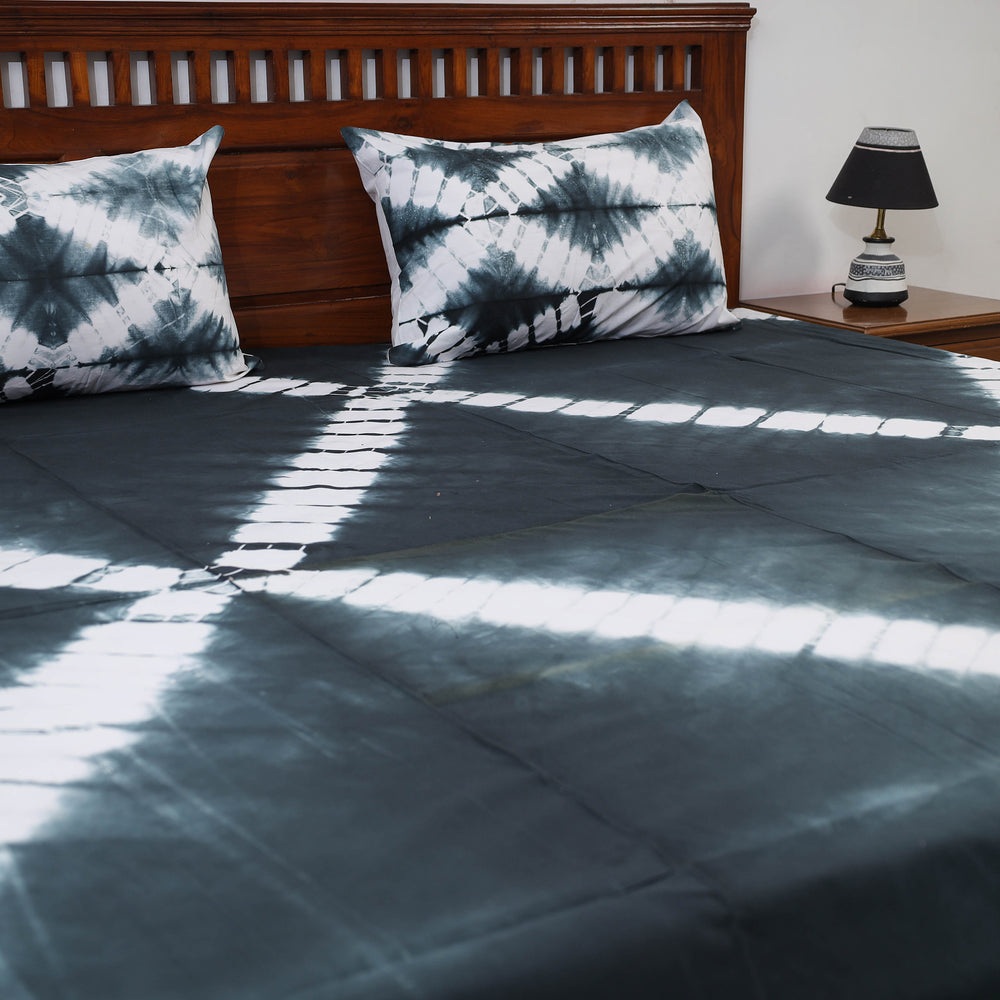 Black - Shibori Tie Dye Pure Cotton Double Bed Cover with Pillow Covers (105 x 90 in) 07