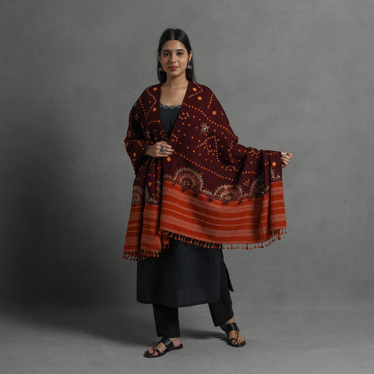 Handwoven Merino Wool Bandhani Shawl w/ Neran Embroidery 35