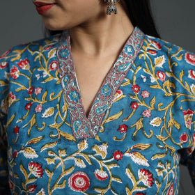 Buy Blue Sequins Work Cotton Straight Sanganeri Print Kurta