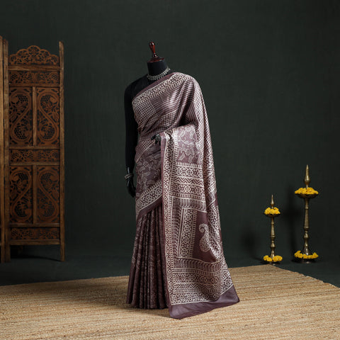 Pure Handloom Tussar Silk Saree in Bengal Hand Block Prints 07
