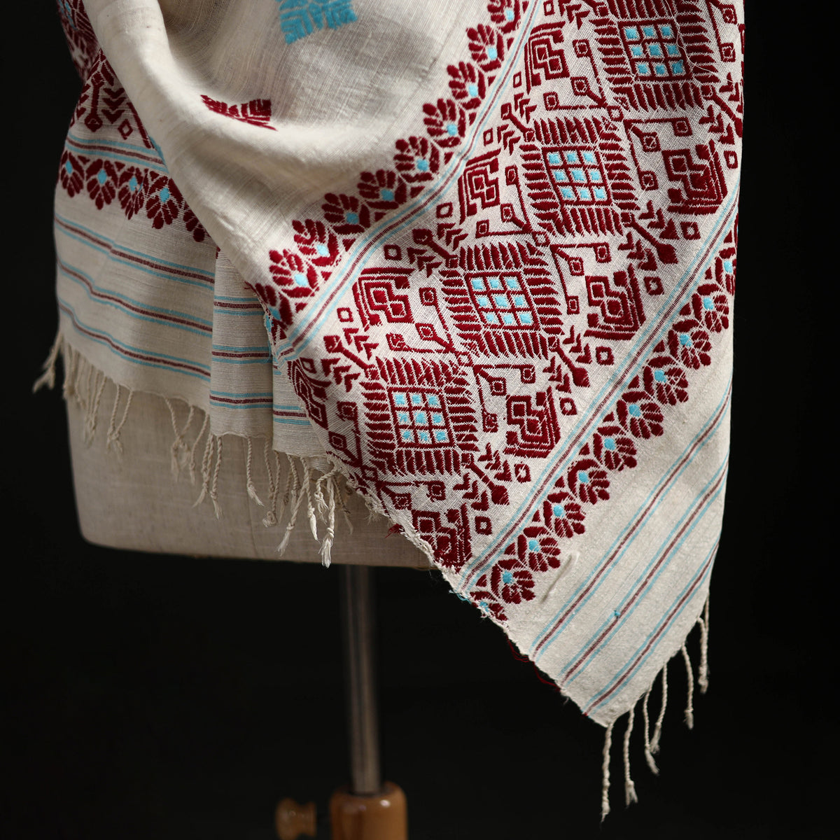 White - Handspun Handwoven Pure Eri Silk Aari Hand Embroidered Shawl of Assam 05