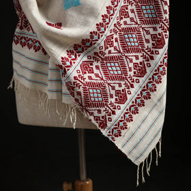 White - Handspun Handwoven Pure Eri Silk Aari Hand Embroidered Shawl of Assam 05