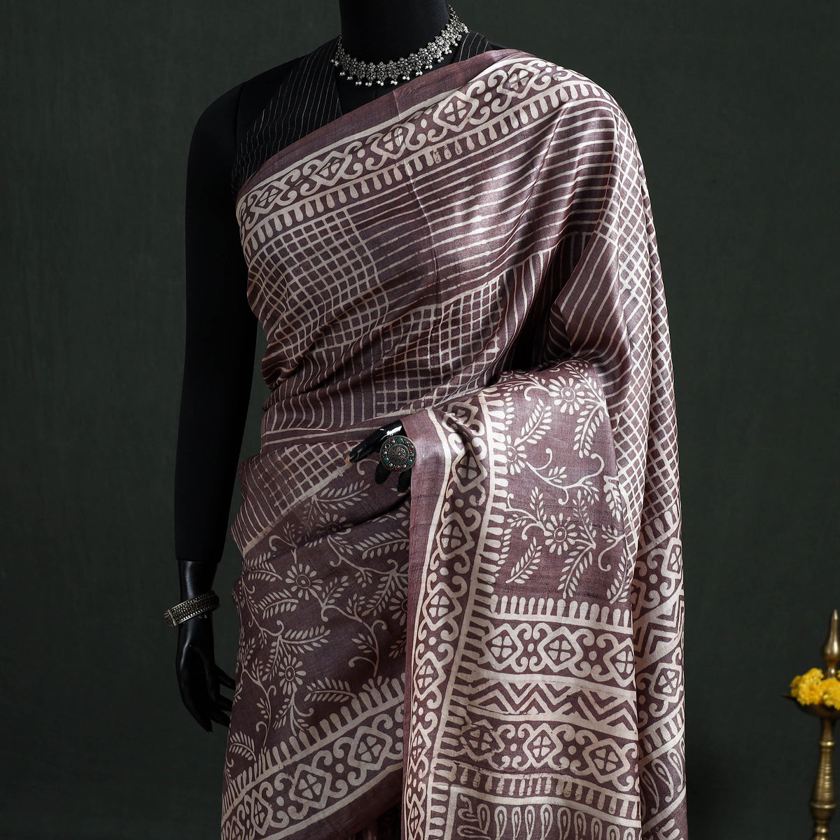 Pure Handloom Tussar Silk Saree in Bengal Hand Block Prints 07