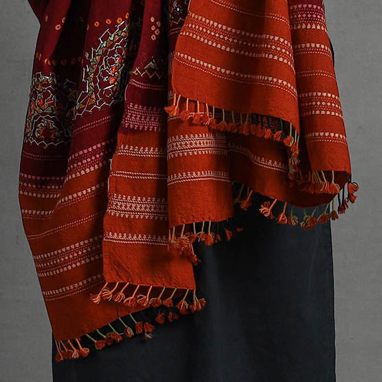 Red - Handwoven Merino Wool Bandhani Shawl w/ Neran Embroidery 36