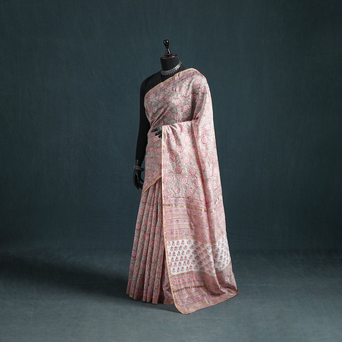 Floral Hand Block Print Mulberry Silk Sanganeri Saree 08