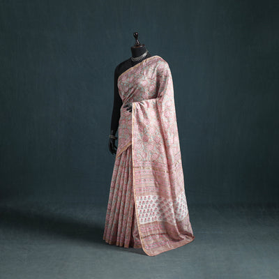 Floral Hand Block Print Mulberry Silk Sanganeri Saree 08