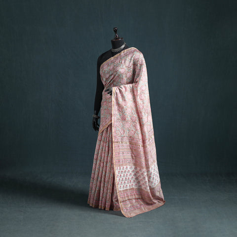 Floral Hand Block Print Mulberry Silk Sanganeri Saree 08