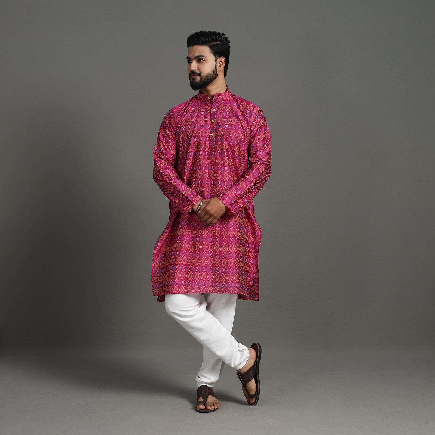 Pink - Silk Cotton Handwoven Pochampally Ikat Kurta for Men 01