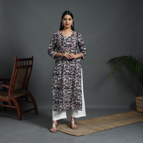 Black Sequins Work Cotton Straight Sanganeri Print Kurta for Women