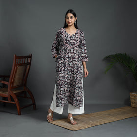 Black Sequins Work Cotton Straight Sanganeri Print Kurta for Women