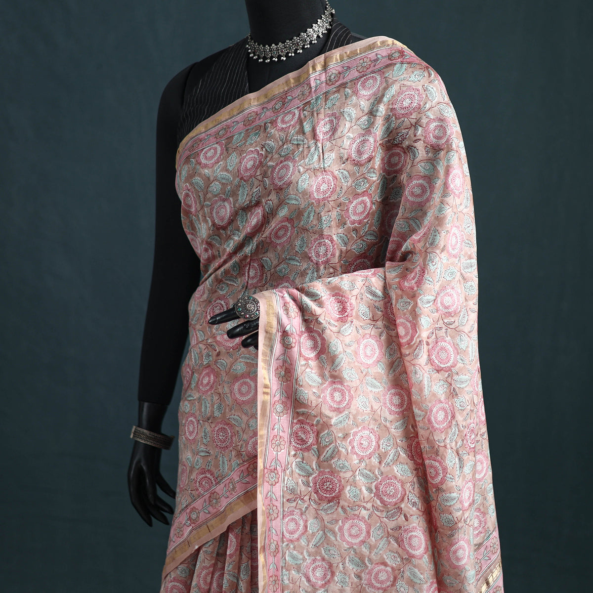 Floral Hand Block Print Mulberry Silk Sanganeri Saree 08