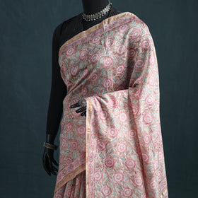 Floral Hand Block Print Mulberry Silk Sanganeri Saree 08