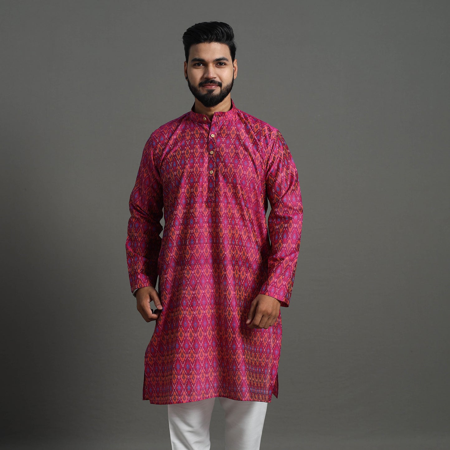 Pink - Silk Cotton Handwoven Pochampally Ikat Kurta for Men 01