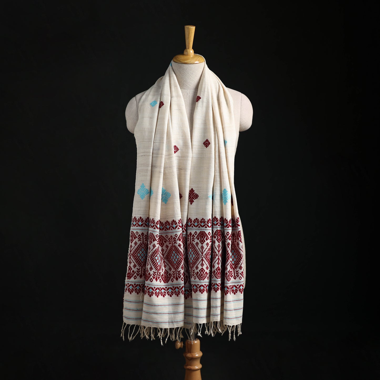 White - Handspun Handwoven Pure Eri Silk Aari Hand Embroidered Shawl of Assam 05