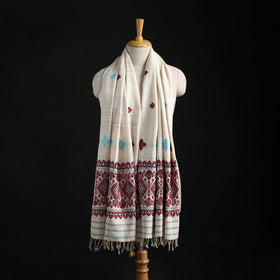 White - Handspun Handwoven Pure Eri Silk Aari Hand Embroidered Shawl of Assam 05