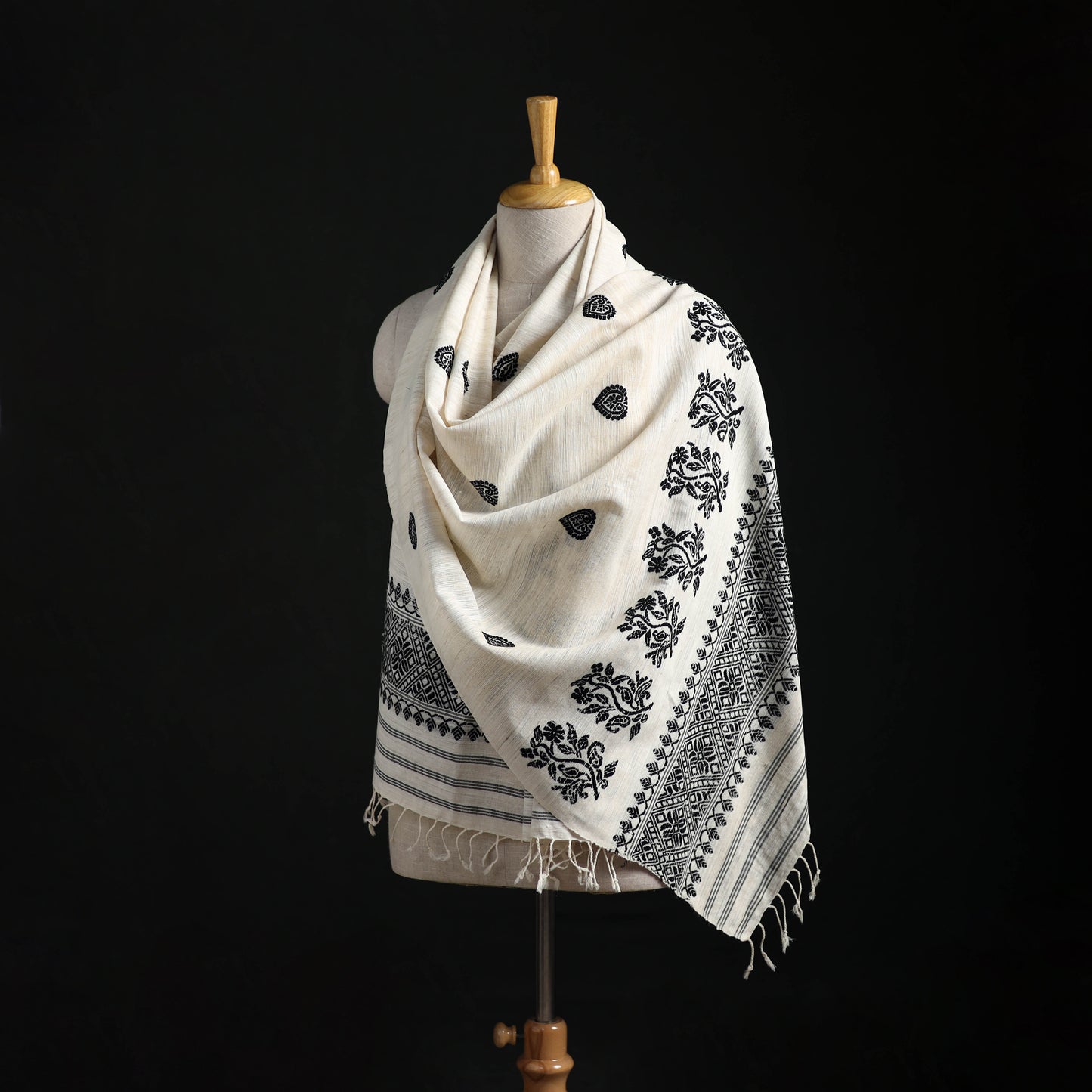 White - Handspun Handwoven Pure Eri Silk Aari Hand Embroidered Shawl of Assam 06