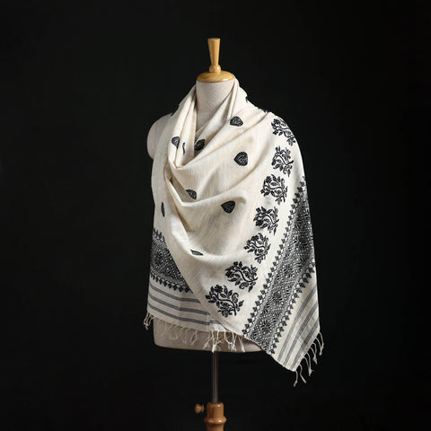 White - Handspun Handwoven Pure Eri Silk Aari Hand Embroidered Shawl of Assam 06