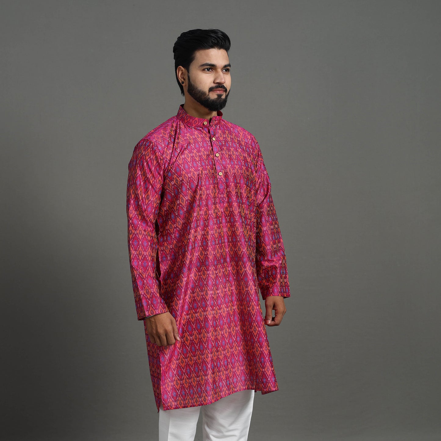 Pink - Silk Cotton Handwoven Pochampally Ikat Kurta for Men 01