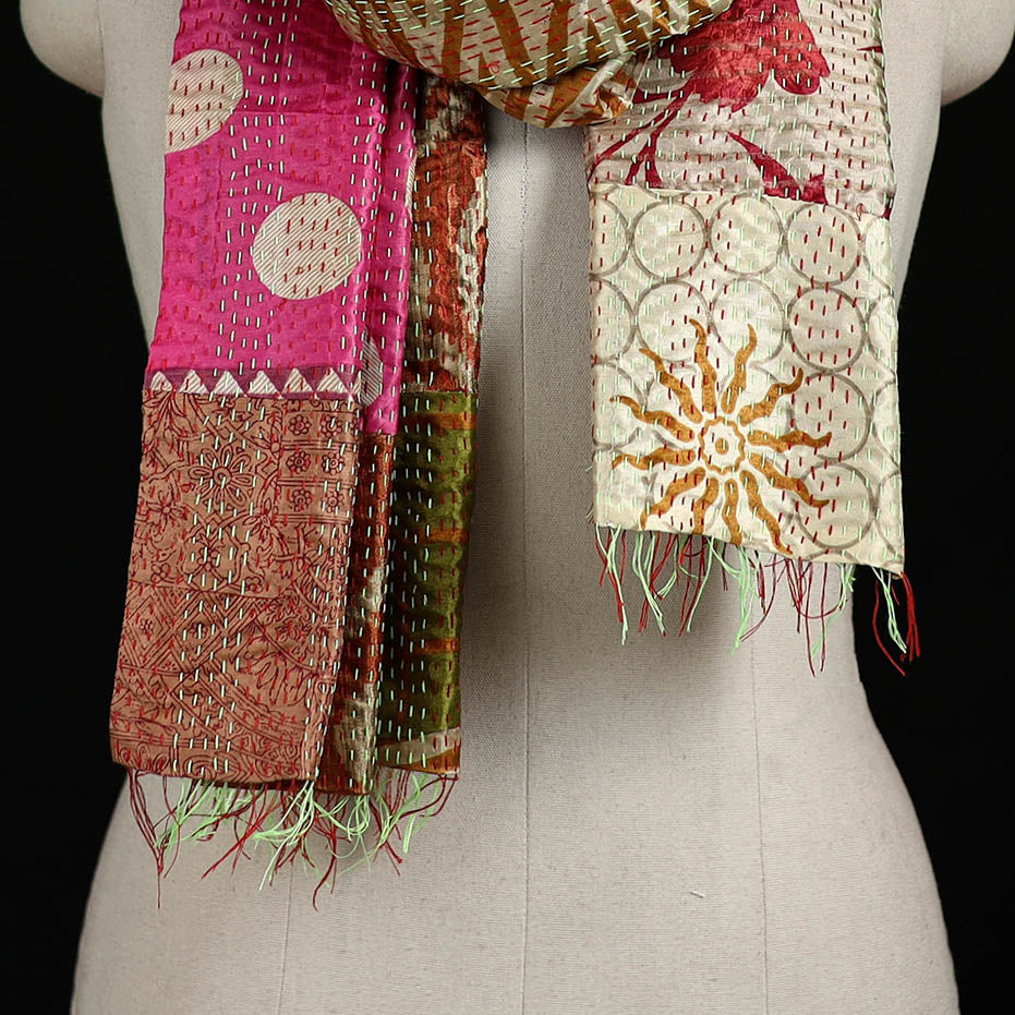 Bengal Kantha Handwork Patchwork Reversible Silk Stole 321