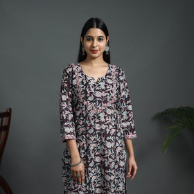 Black Sequins Work Cotton Straight Sanganeri Print Kurta for Women