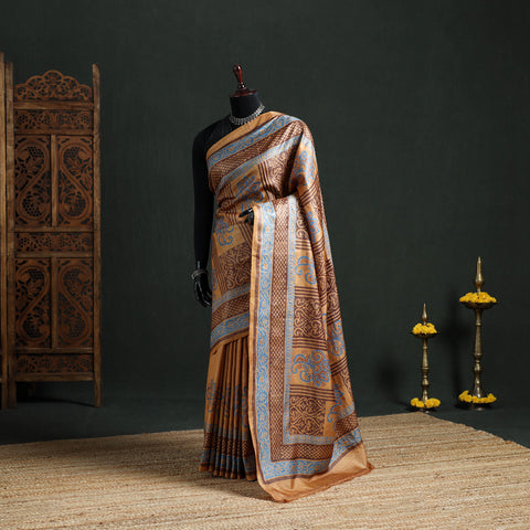 Pure Handloom Tussar Silk Saree in Bengal Hand Block Prints 06