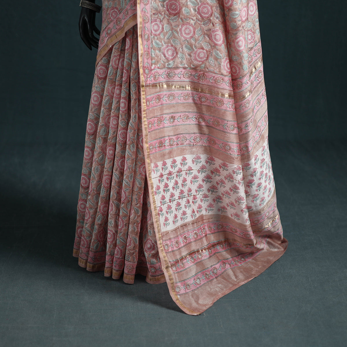 Floral Hand Block Print Mulberry Silk Sanganeri Saree 08