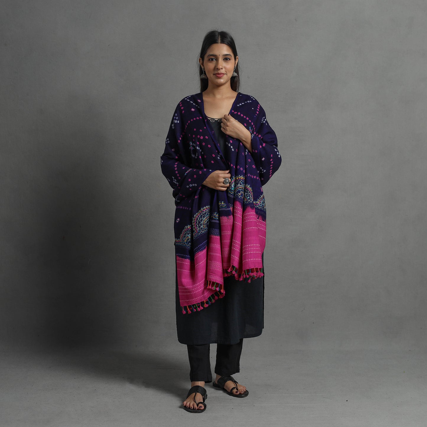 Handwoven Merino Wool Bandhani Shawl w/ Neran Embroidery 37