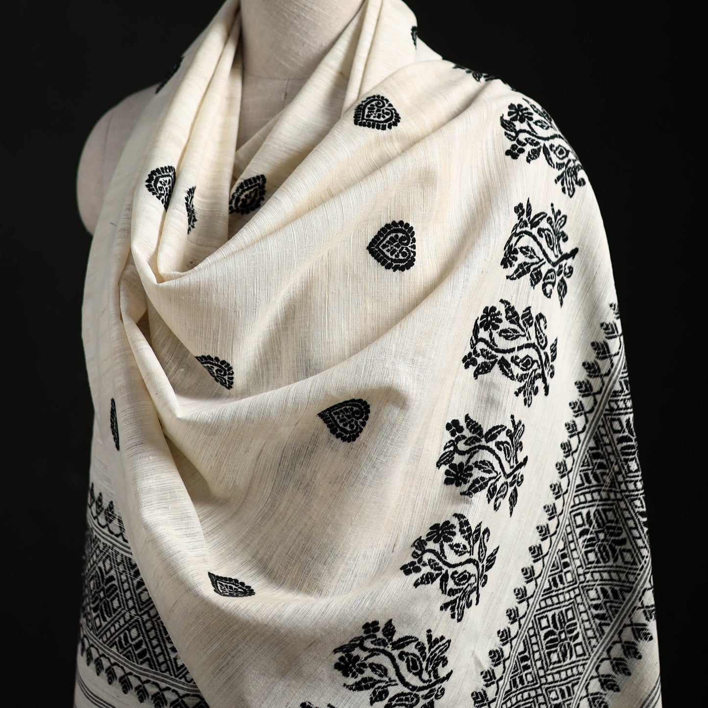 White - Handspun Handwoven Pure Eri Silk Aari Hand Embroidered Shawl of Assam 06